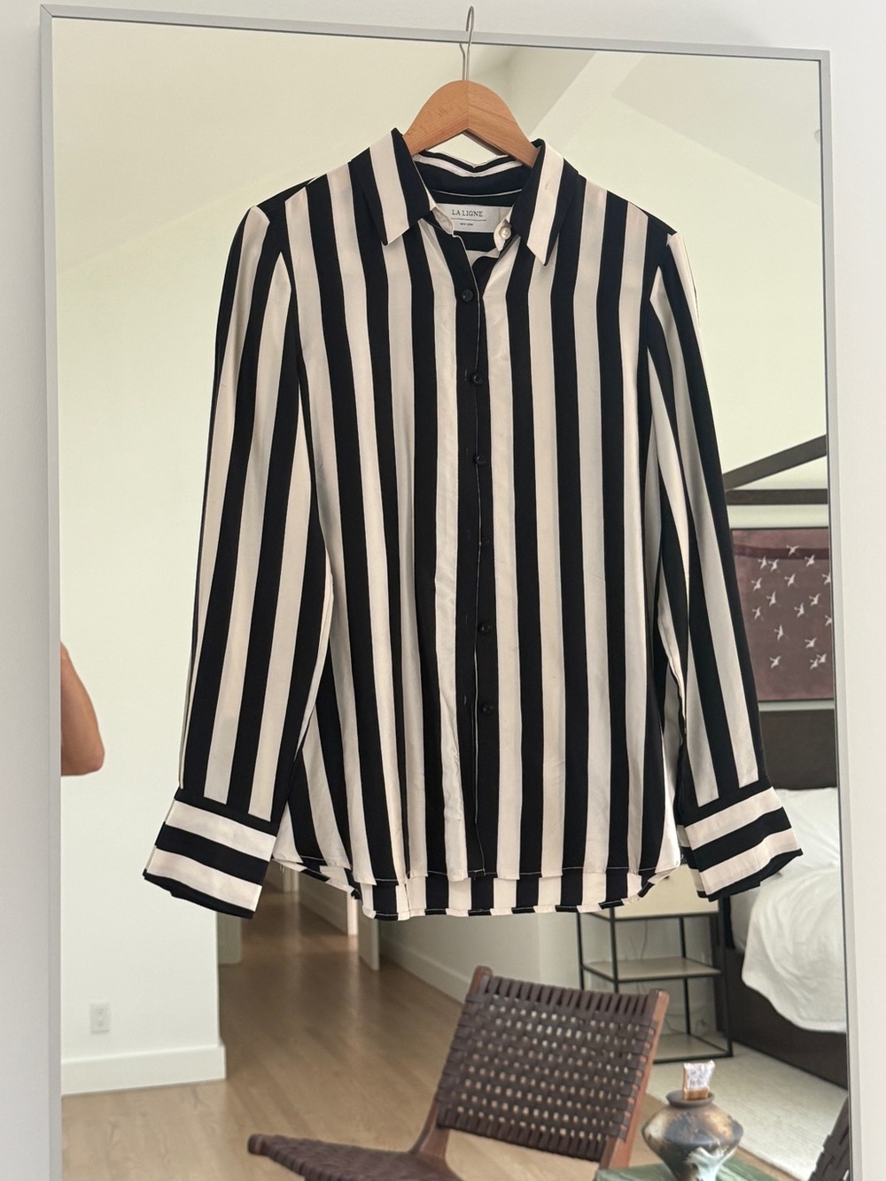 La Ligne 100% Silk Black and White Vertical Stripe Button-Down Shirt / Size M
